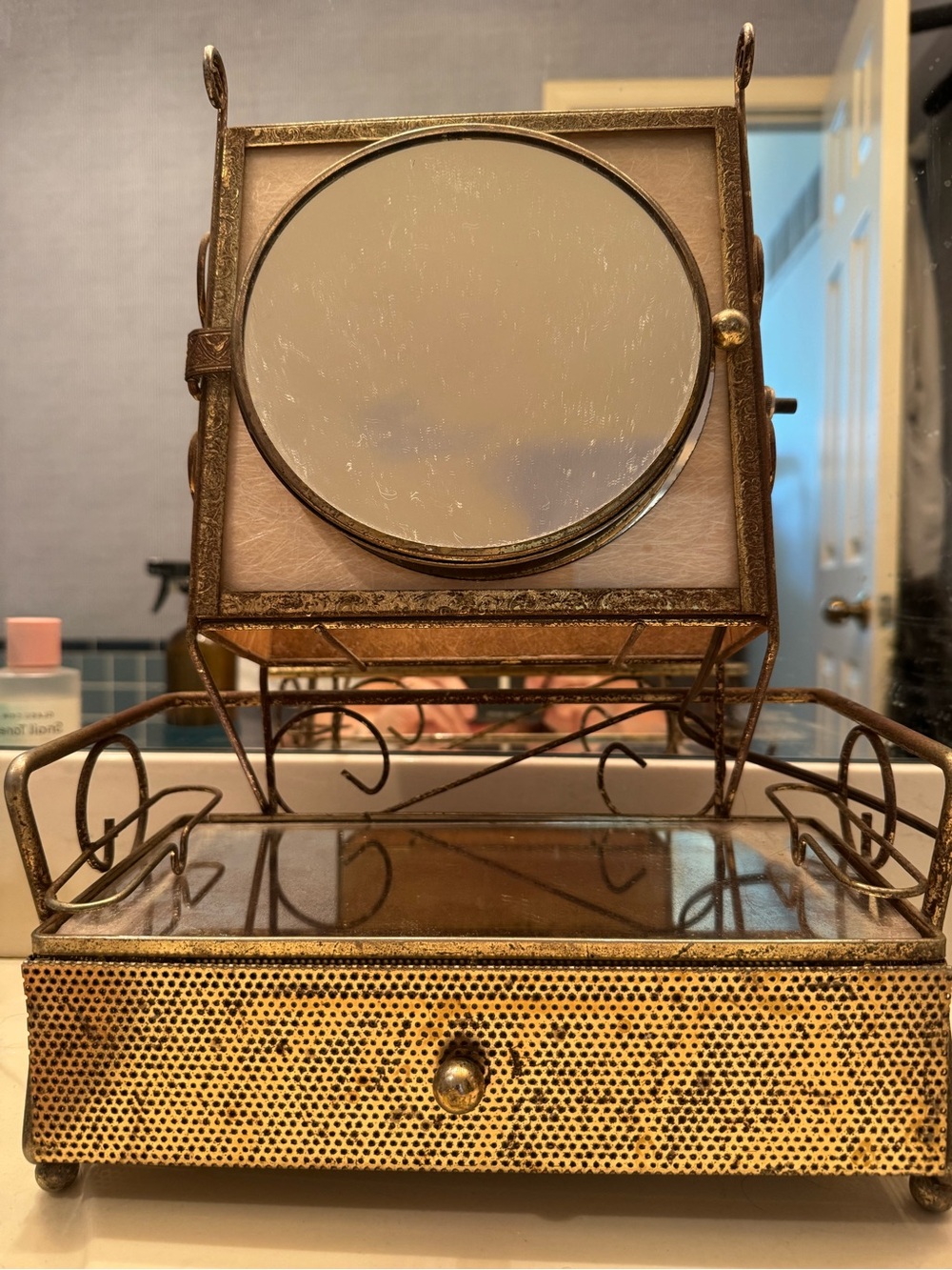 Vintage Gold Vanity Mirror and Jewelry Tray
